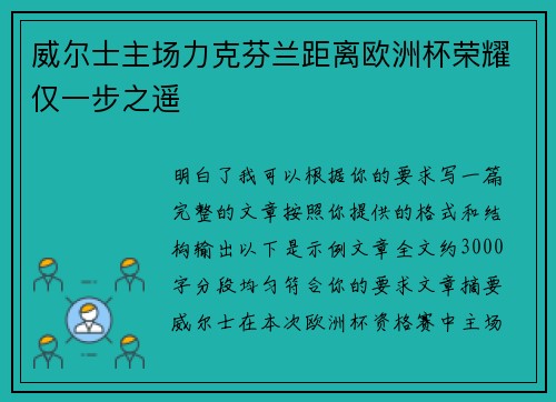 威尔士主场力克芬兰距离欧洲杯荣耀仅一步之遥 威尔士主场力克芬兰距离欧洲杯荣耀仅一步之遥