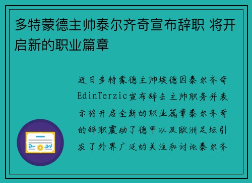 多特蒙德主帅泰尔齐奇宣布辞职 将开启新的职业篇章