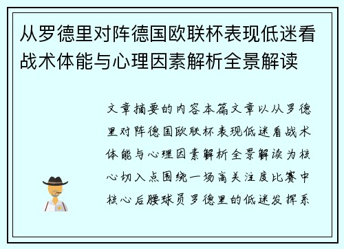 从罗德里对阵德国欧联杯表现低迷看战术体能与心理因素解析全景解读